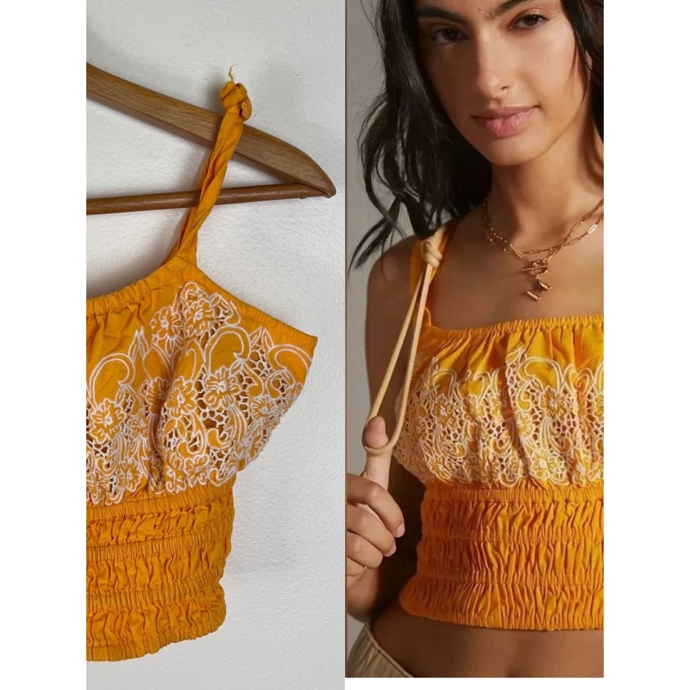 Anthropologie Crop Top Women's Size Small Yellow Eyelet Lace Boho Beachy Smocked